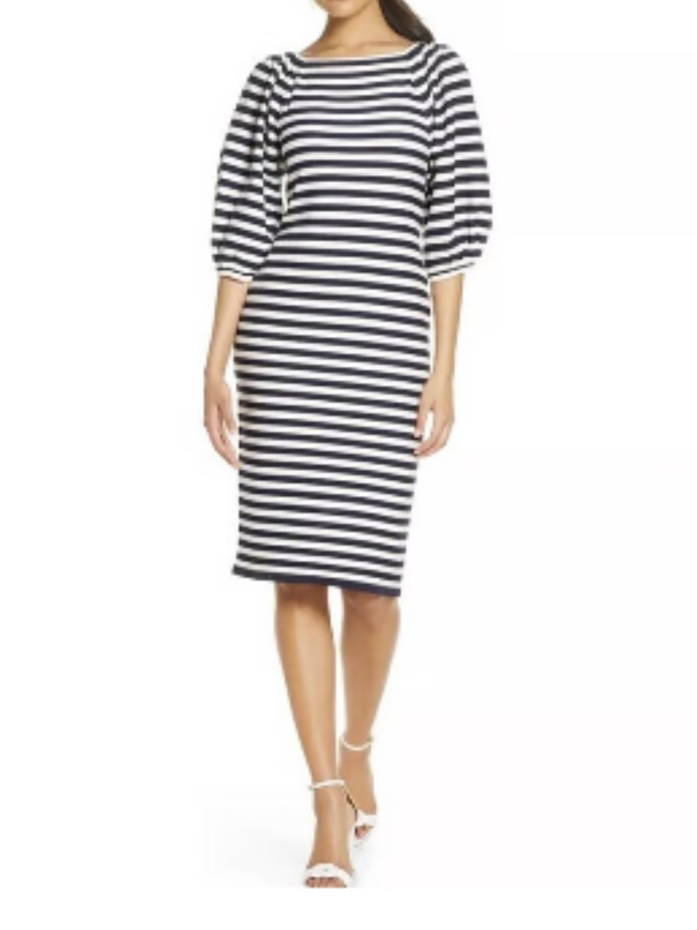 Eliza J Striped Midi Dress with Puff Sleeves - Navy/White knit